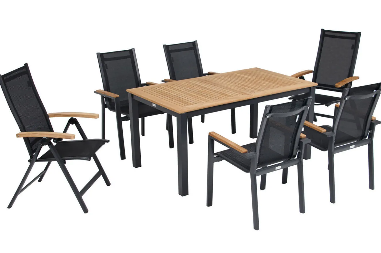 OUTFLEXX Garten-Essgruppe, OUTFLEXX® anthrazit matt, Alu / Teak / Textil, Tisch 150/210 x 90 cm, 4 Stapelsessel, 2 Klappstühle