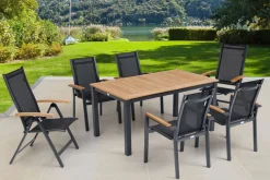 OUTFLEXX Garten-Essgruppe, OUTFLEXX® anthrazit matt, Alu / Teak / Textil, Tisch 150/210 x 90 cm, 4 Stapelsessel, 2 Klappstühle