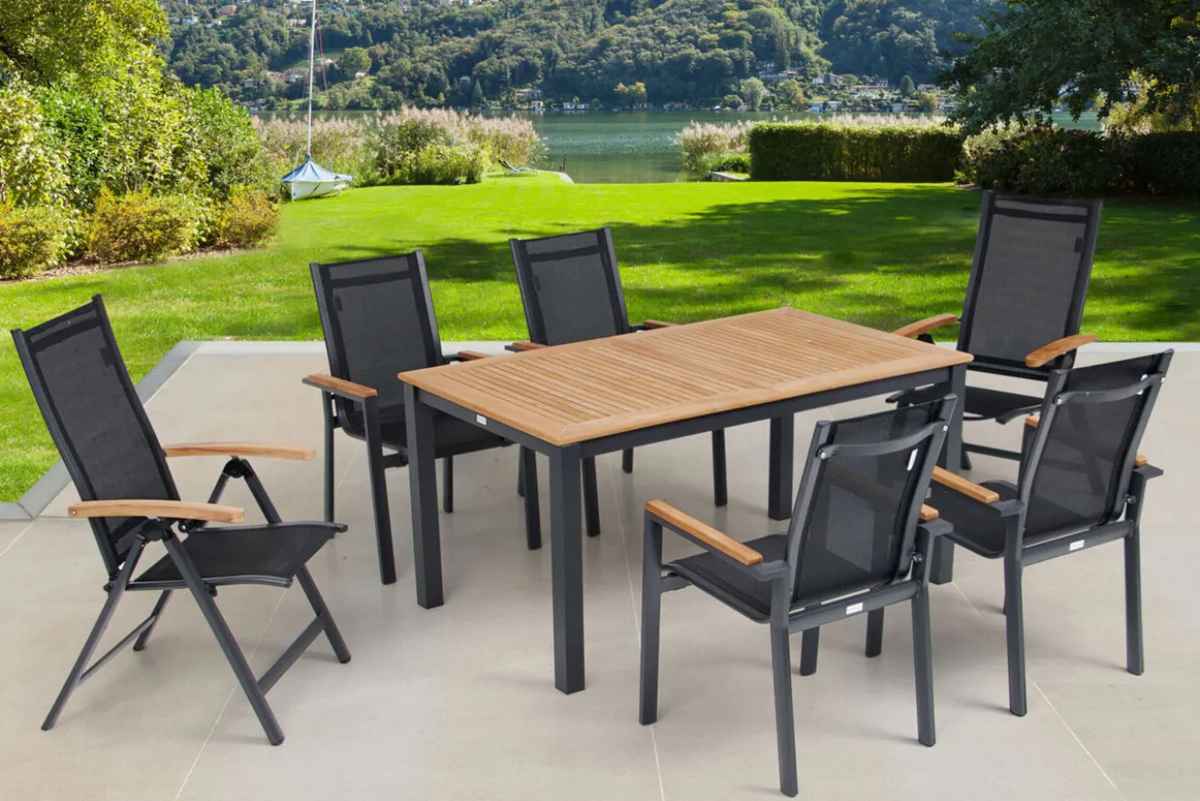OUTFLEXX Garten-Essgruppe, OUTFLEXX® anthrazit matt, Alu / Teak / Textil, Tisch 150/210 x 90 cm, 4 Stapelsessel, 2 Klappstühle