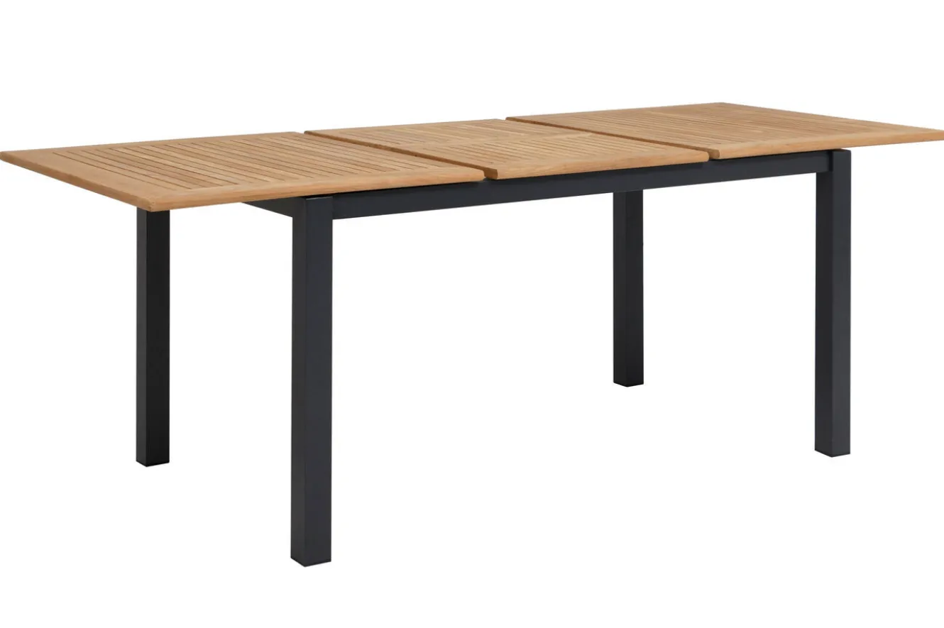 OUTFLEXX Garten-Essgruppe, OUTFLEXX® anthrazit matt, Alu / Teak / Textil, Tisch 150/210 x 90 cm, 4 Stapelsessel, 2 Klappstühle