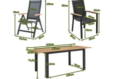 OUTFLEXX Garten-Essgruppe, OUTFLEXX® anthrazit matt, Alu / Teak / Textil, Tisch 150/210 x 90 cm, 4 Stapelsessel, 2 Klappstühle