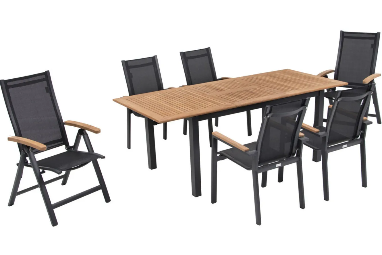 OUTFLEXX Garten-Essgruppe, OUTFLEXX® anthrazit matt, Alu / Teak / Textil, Tisch 150/210 x 90 cm, 4 Stapelsessel, 2 Klappstühle