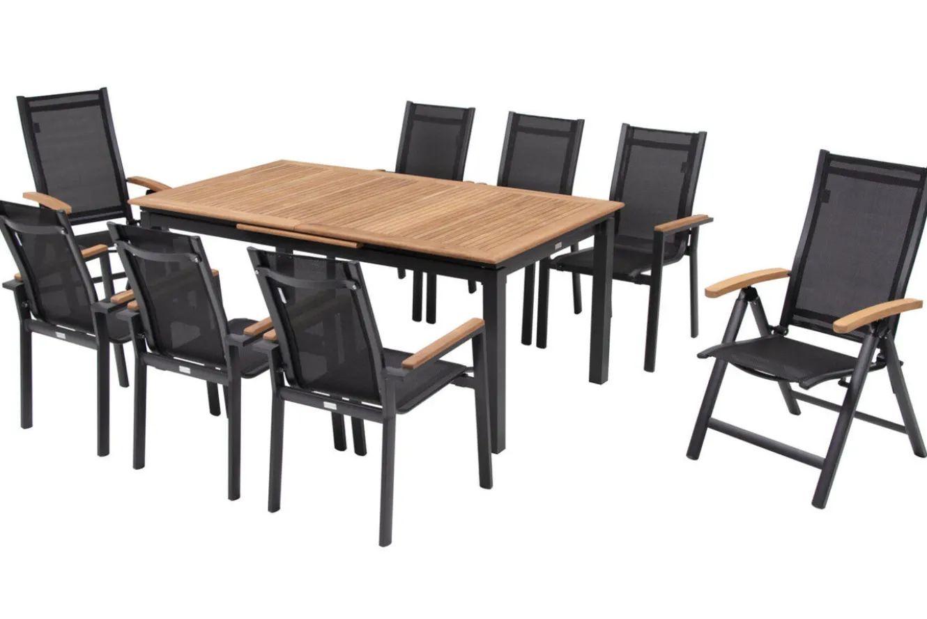 OUTFLEXX Garten-Essgruppe, OUTFLEXX® anthrazit matt, Alu / Teak / Textil, Tisch 180/240 x 100cm, 6 Stapelsessel, 2 Klappstühle