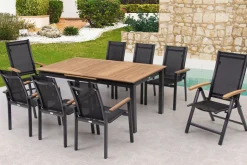 OUTFLEXX Garten-Essgruppe, OUTFLEXX® anthrazit matt, Alu / Teak / Textil, Tisch 180/240 x 100cm, 6 Stapelsessel, 2 Klappstühle