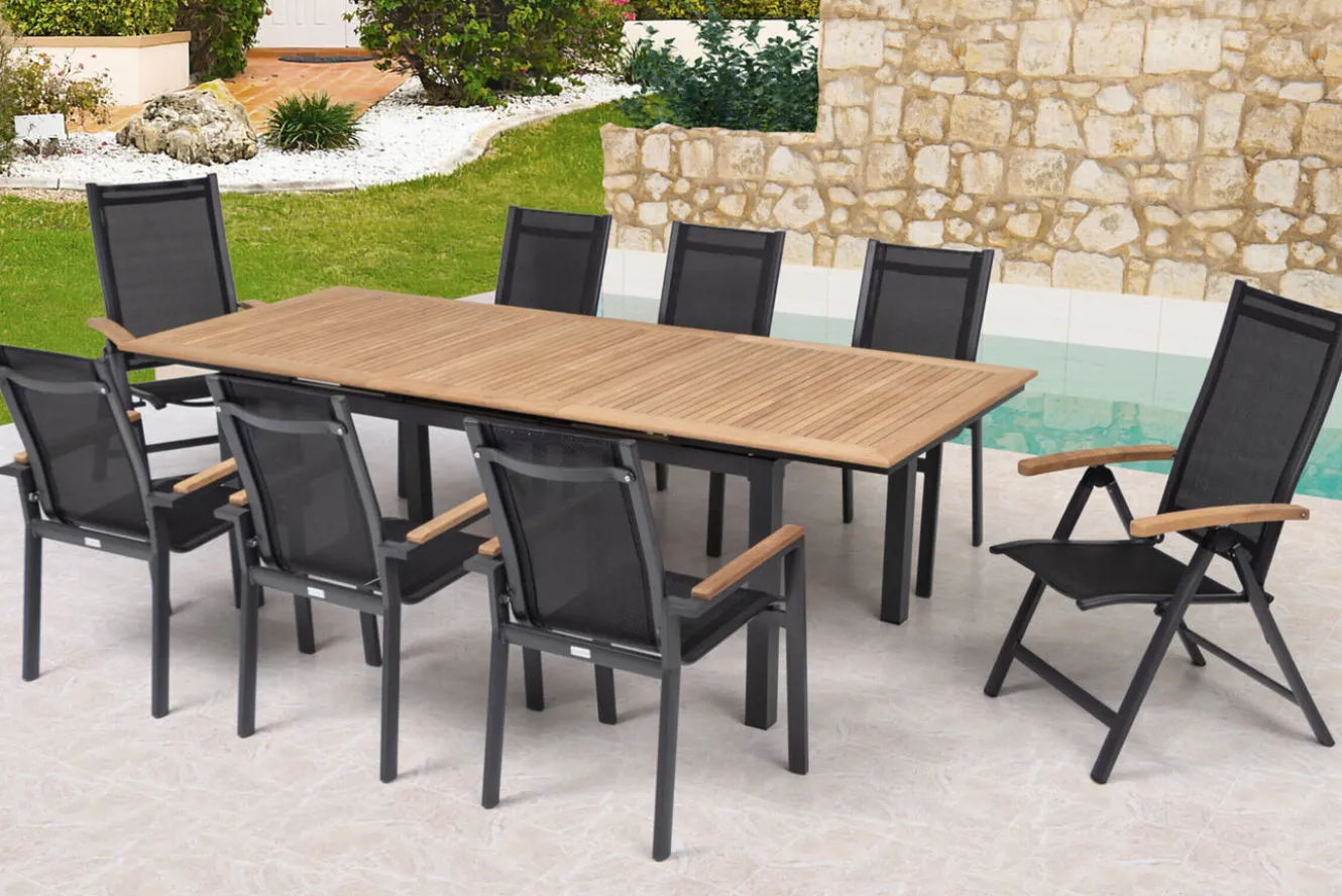 OUTFLEXX Garten-Essgruppe, OUTFLEXX® anthrazit matt, Alu / Teak / Textil, Tisch 180/240 x 100cm, 6 Stapelsessel, 2 Klappstühle