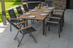 OUTFLEXX Garten-Essgruppe, OUTFLEXX® anthrazit matt, Alu / Teak / Textil, Tisch 180/240 x 100cm, 6 Stapelsessel, 2 Klappstühle