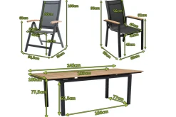 OUTFLEXX Garten-Essgruppe, OUTFLEXX® anthrazit matt, Alu / Teak / Textil, Tisch 180/240 x 100cm, 6 Stapelsessel, 2 Klappstühle