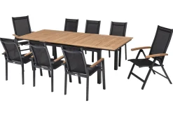 OUTFLEXX Garten-Essgruppe, OUTFLEXX® anthrazit matt, Alu / Teak / Textil, Tisch 180/240 x 100cm, 6 Stapelsessel, 2 Klappstühle