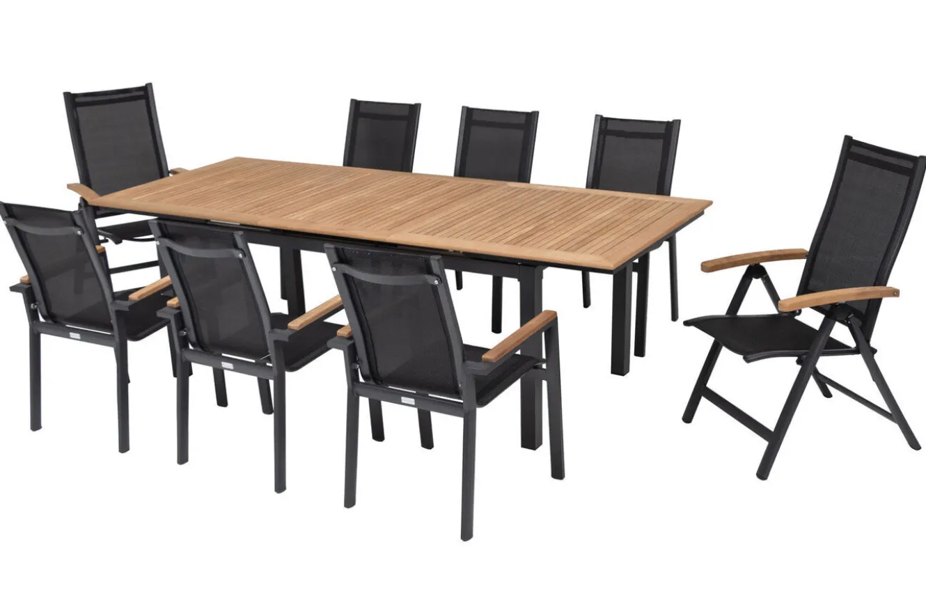 OUTFLEXX Garten-Essgruppe, OUTFLEXX® anthrazit matt, Alu / Teak / Textil, Tisch 180/240 x 100cm, 6 Stapelsessel, 2 Klappstühle