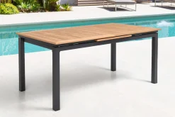OUTFLEXX Garten-Essgruppe, OUTFLEXX® anthrazit matt, Alu / Teak / Textil, Tisch 180/240 x 100cm, 6 Stapelsessel, 2 Klappstühle