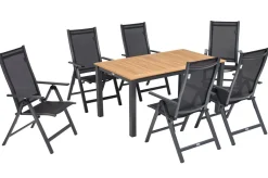 OUTFLEXX Garten-Essgruppe, OUTFLEXX® anthrazit matt, Alu / Teak / Textil, Ausziehtisch 150/210 x 90 cm, 6 Klappstühle