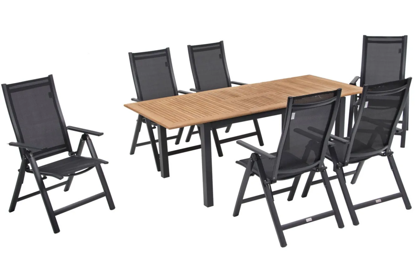 OUTFLEXX Garten-Essgruppe, OUTFLEXX® anthrazit matt, Alu / Teak / Textil, Ausziehtisch 150/210 x 90 cm, 6 Klappstühle