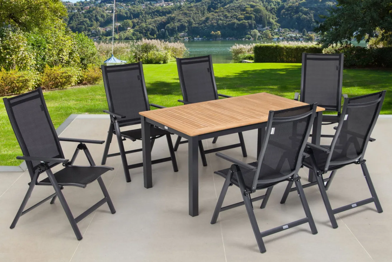 OUTFLEXX Garten-Essgruppe, OUTFLEXX® anthrazit matt, Alu / Teak / Textil, Ausziehtisch 150/210 x 90 cm, 6 Klappstühle