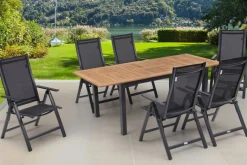 OUTFLEXX Garten-Essgruppe, OUTFLEXX® anthrazit matt, Alu / Teak / Textil, Ausziehtisch 150/210 x 90 cm, 6 Klappstühle