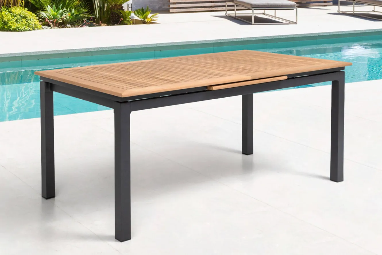 OUTFLEXX Garten-Essgruppe, OUTFLEXX® anthrazit matt, Alu / Teak / Textil, Tisch 180/240 x 100cm, 4 Stapelsessel, 2 Klappstühle
