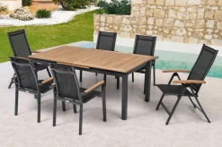 OUTFLEXX Garten-Essgruppe, OUTFLEXX® anthrazit matt, Alu / Teak / Textil, Tisch 180/240 x 100cm, 4 Stapelsessel, 2 Klappstühle