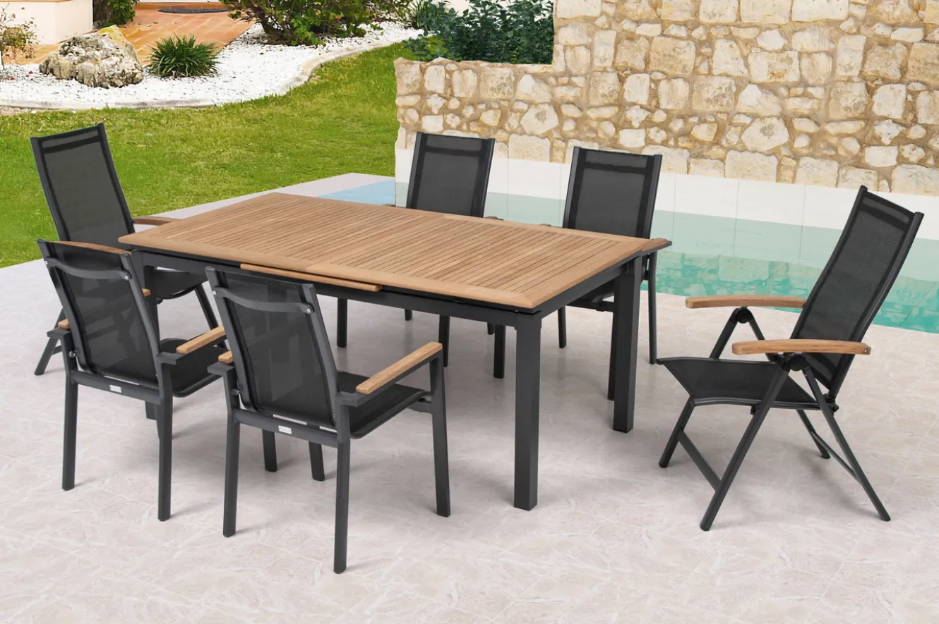 OUTFLEXX Garten-Essgruppe, OUTFLEXX® anthrazit matt, Alu / Teak / Textil, Tisch 180/240 x 100cm, 4 Stapelsessel, 2 Klappstühle