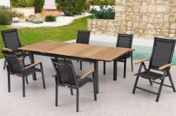 OUTFLEXX Garten-Essgruppe, OUTFLEXX® anthrazit matt, Alu / Teak / Textil, Tisch 180/240 x 100cm, 4 Stapelsessel, 2 Klappstühle