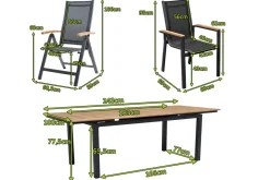 OUTFLEXX Garten-Essgruppe, OUTFLEXX® anthrazit matt, Alu / Teak / Textil, Tisch 180/240 x 100cm, 4 Stapelsessel, 2 Klappstühle