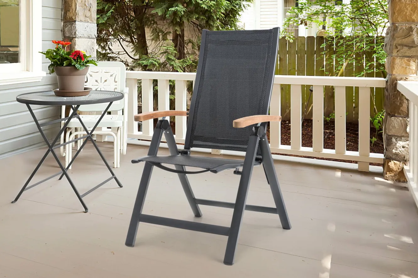 OUTFLEXX Garten-Essgruppe, OUTFLEXX® anthrazit matt, Alu / Teak / Textil, Tisch 180/240 x 100cm, 4 Stapelsessel, 2 Klappstühle