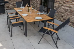 OUTFLEXX Garten-Essgruppe, OUTFLEXX® anthrazit matt, Alu / Teak / Textil, Tisch 180/240 x 100cm, 4 Stapelsessel, 2 Klappstühle