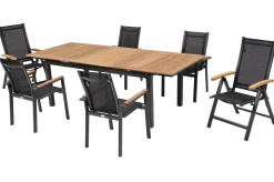 OUTFLEXX Garten-Essgruppe, OUTFLEXX® anthrazit matt, Alu / Teak / Textil, Tisch 180/240 x 100cm, 4 Stapelsessel, 2 Klappstühle