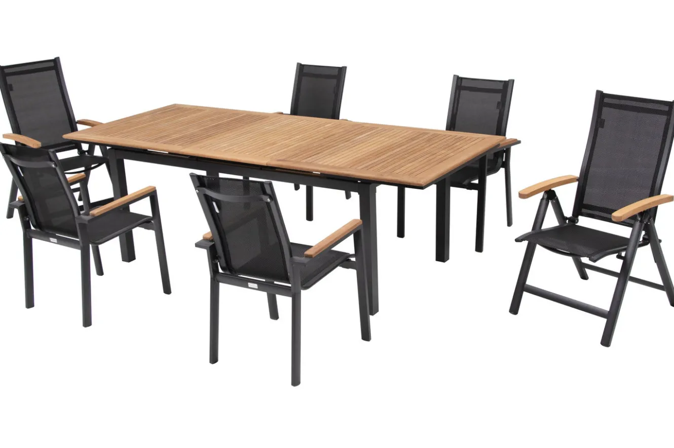 OUTFLEXX Garten-Essgruppe, OUTFLEXX® anthrazit matt, Alu / Teak / Textil, Tisch 180/240 x 100cm, 4 Stapelsessel, 2 Klappstühle