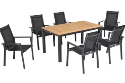 OUTFLEXX Garten-Essgruppe, OUTFLEXX® anthrazit matt, Alu / Teak / Textil, Ausziehtisch 150/210x90cm, 6 Stapelsessel