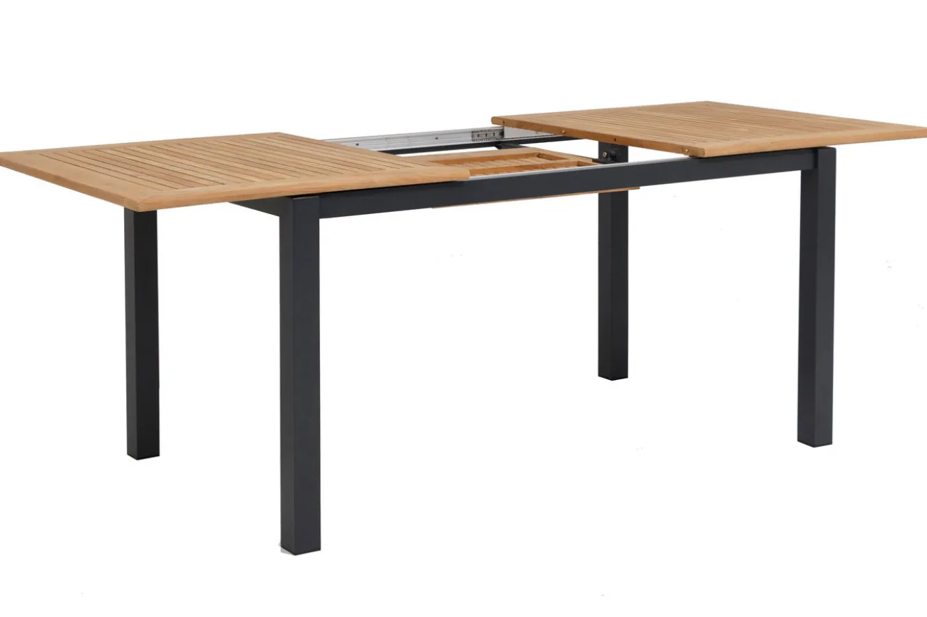 OUTFLEXX Garten-Essgruppe, OUTFLEXX® anthrazit matt, Alu / Teak / Textil, Ausziehtisch 150/210x90cm, 6 Stapelsessel
