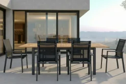 OUTFLEXX Garten-Essgruppe, OUTFLEXX® anthrazit matt, Alu / Teak / Textil, Ausziehtisch 150/210x90cm, 6 Stapelsessel