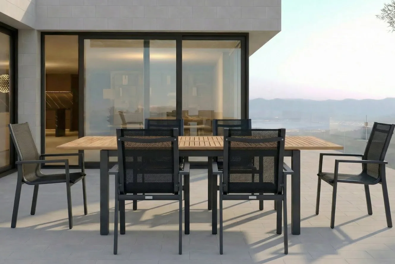 OUTFLEXX Garten-Essgruppe, OUTFLEXX® anthrazit matt, Alu / Teak / Textil, Ausziehtisch 150/210x90cm, 6 Stapelsessel