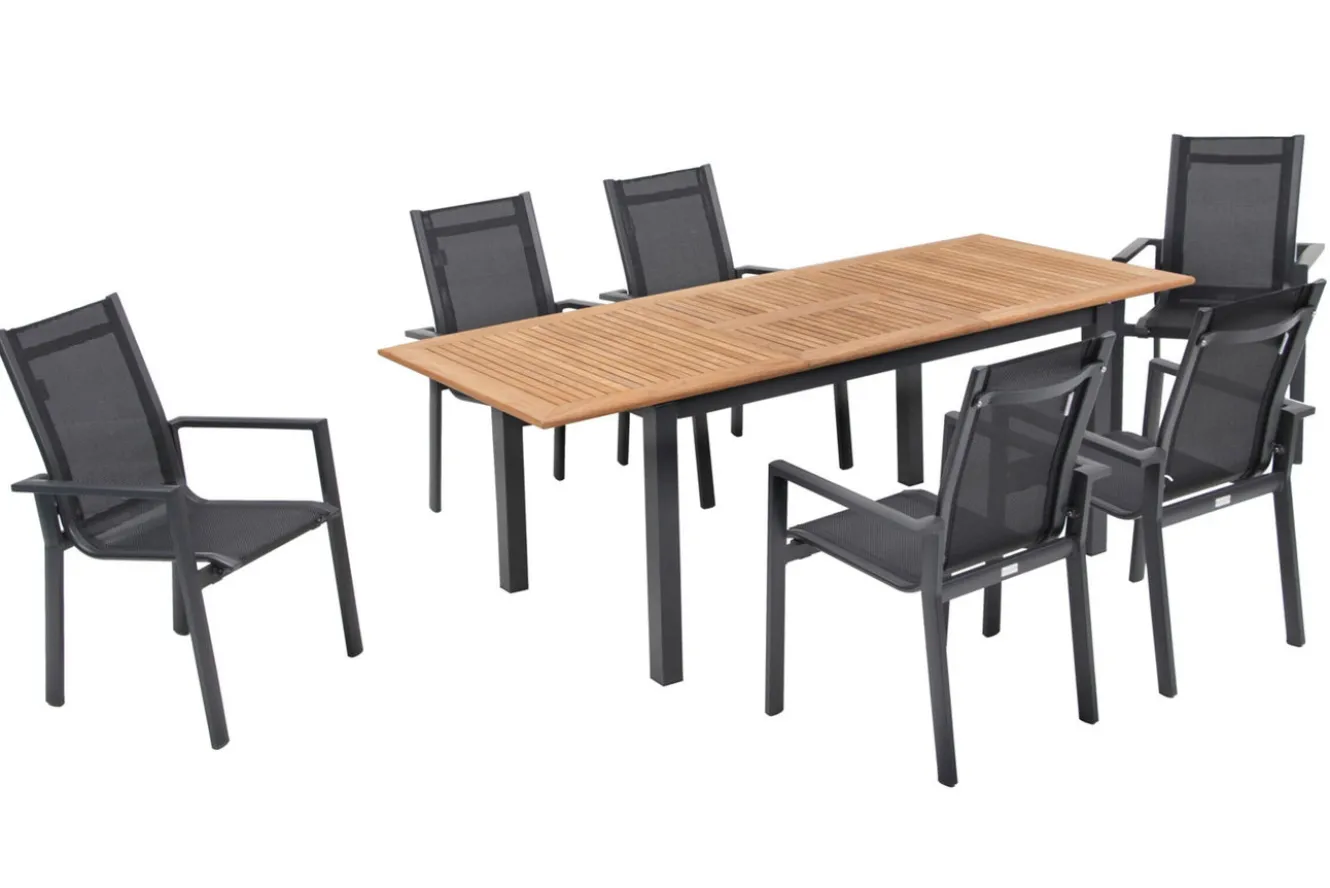 OUTFLEXX Garten-Essgruppe, OUTFLEXX® anthrazit matt, Alu / Teak / Textil, Ausziehtisch 150/210x90cm, 6 Stapelsessel