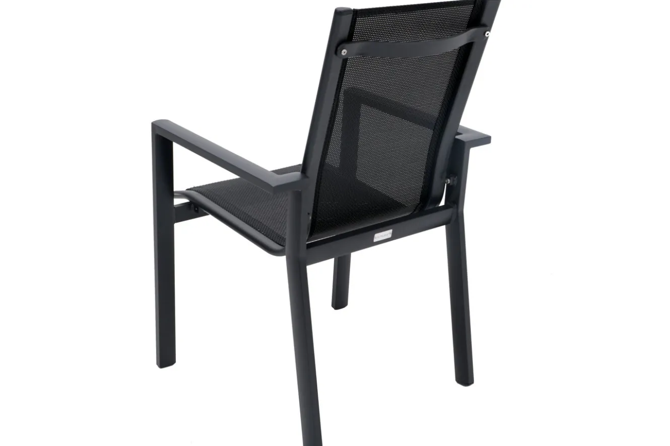 OUTFLEXX Garten-Essgruppe, OUTFLEXX® anthrazit matt, Alu / Teak / Textil, Ausziehtisch 150/210x90cm, 6 Stapelsessel