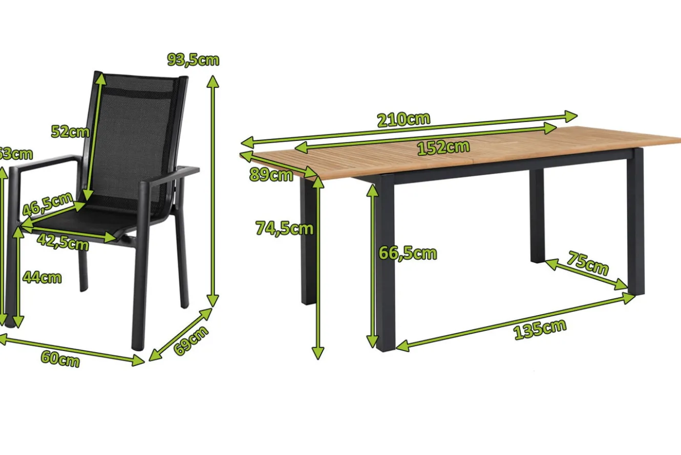 OUTFLEXX Garten-Essgruppe, OUTFLEXX® anthrazit matt, Alu / Teak / Textil, Ausziehtisch 150/210x90cm, 6 Stapelsessel