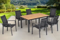OUTFLEXX Garten-Essgruppe, OUTFLEXX® anthrazit matt, Alu / Teak / Textil, Ausziehtisch 150/210x90cm, 6 Stapelsessel