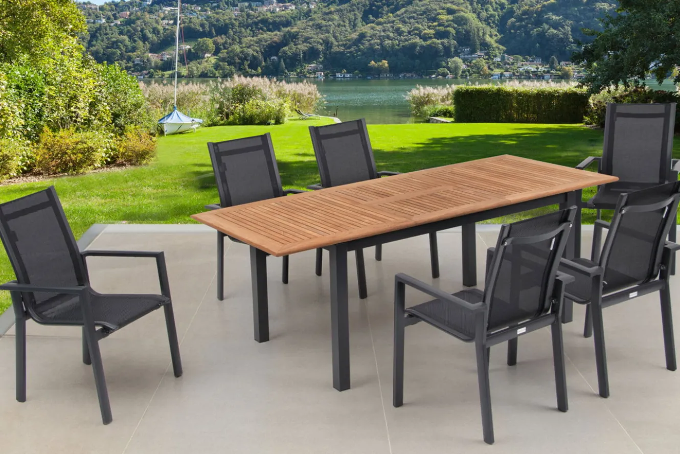 OUTFLEXX Garten-Essgruppe, OUTFLEXX® anthrazit matt, Alu / Teak / Textil, Ausziehtisch 150/210x90cm, 6 Stapelsessel