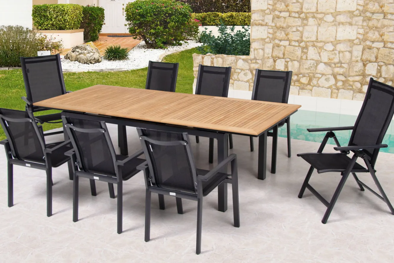 OUTFLEXX Garten-Essgruppe, OUTFLEXX® anthrazit matt, Alu / Teak / Textil, Ausziehtisch 180/240 x 100cm, 6 Stapelsessel, 2 Klappstühle