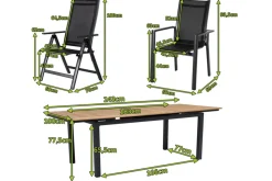OUTFLEXX Garten-Essgruppe, OUTFLEXX® anthrazit matt, Alu / Teak / Textil, Ausziehtisch 180/240 x 100cm, 6 Stapelsessel, 2 Klappstühle