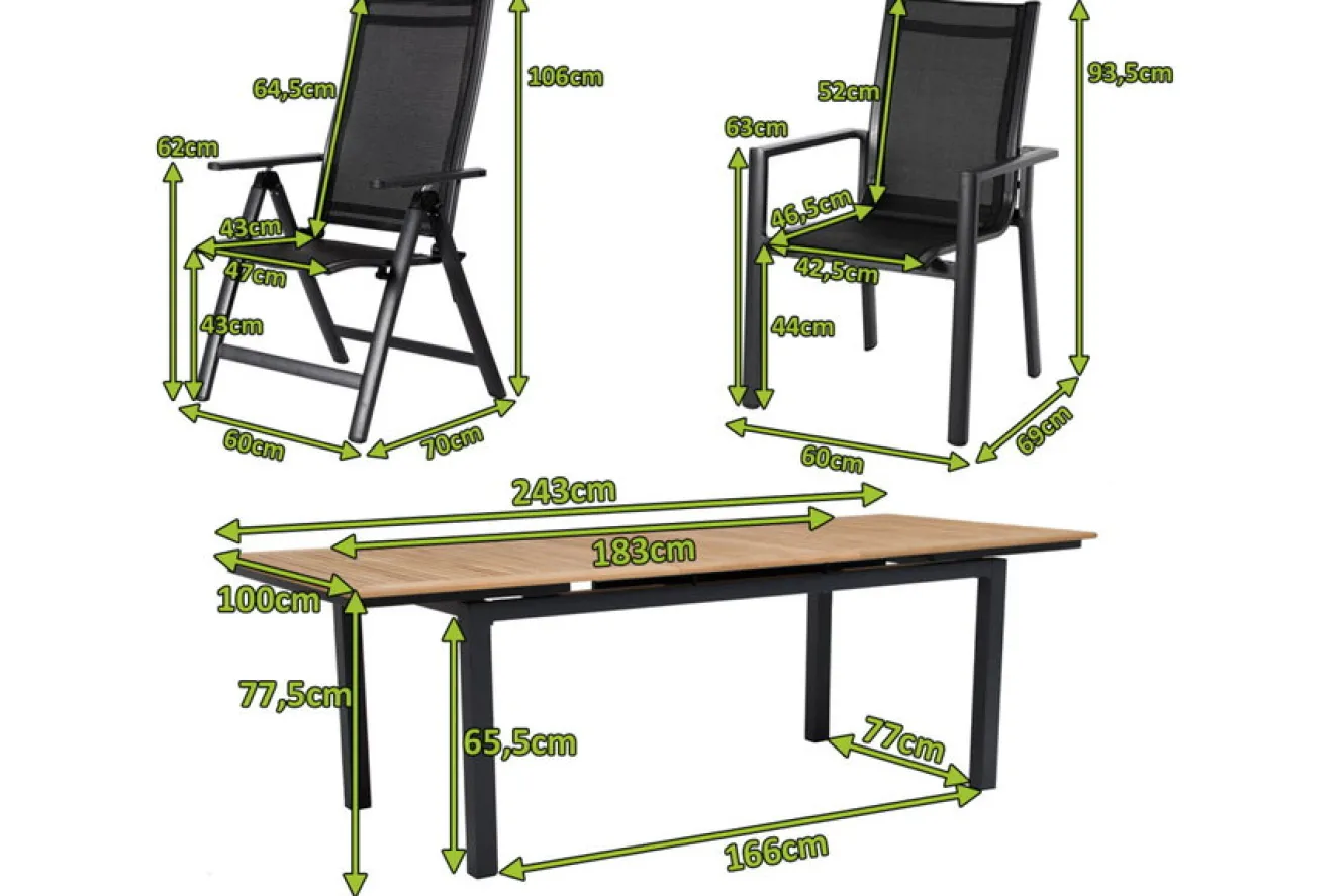OUTFLEXX Garten-Essgruppe, OUTFLEXX® anthrazit matt, Alu / Teak / Textil, Ausziehtisch 180/240 x 100cm, 6 Stapelsessel, 2 Klappstühle