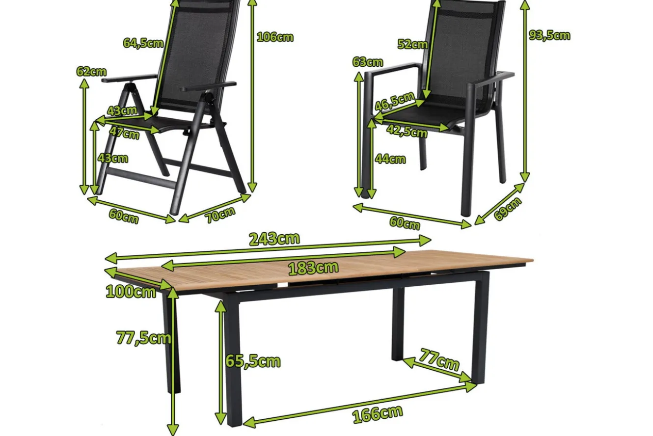 OUTFLEXX Garten-Essgruppe, OUTFLEXX® anthrazit matt, Alu / Teak / Textil, Ausziehtisch 180/240 x 100cm, 6 Stapelsessel, 2 Klappstühle