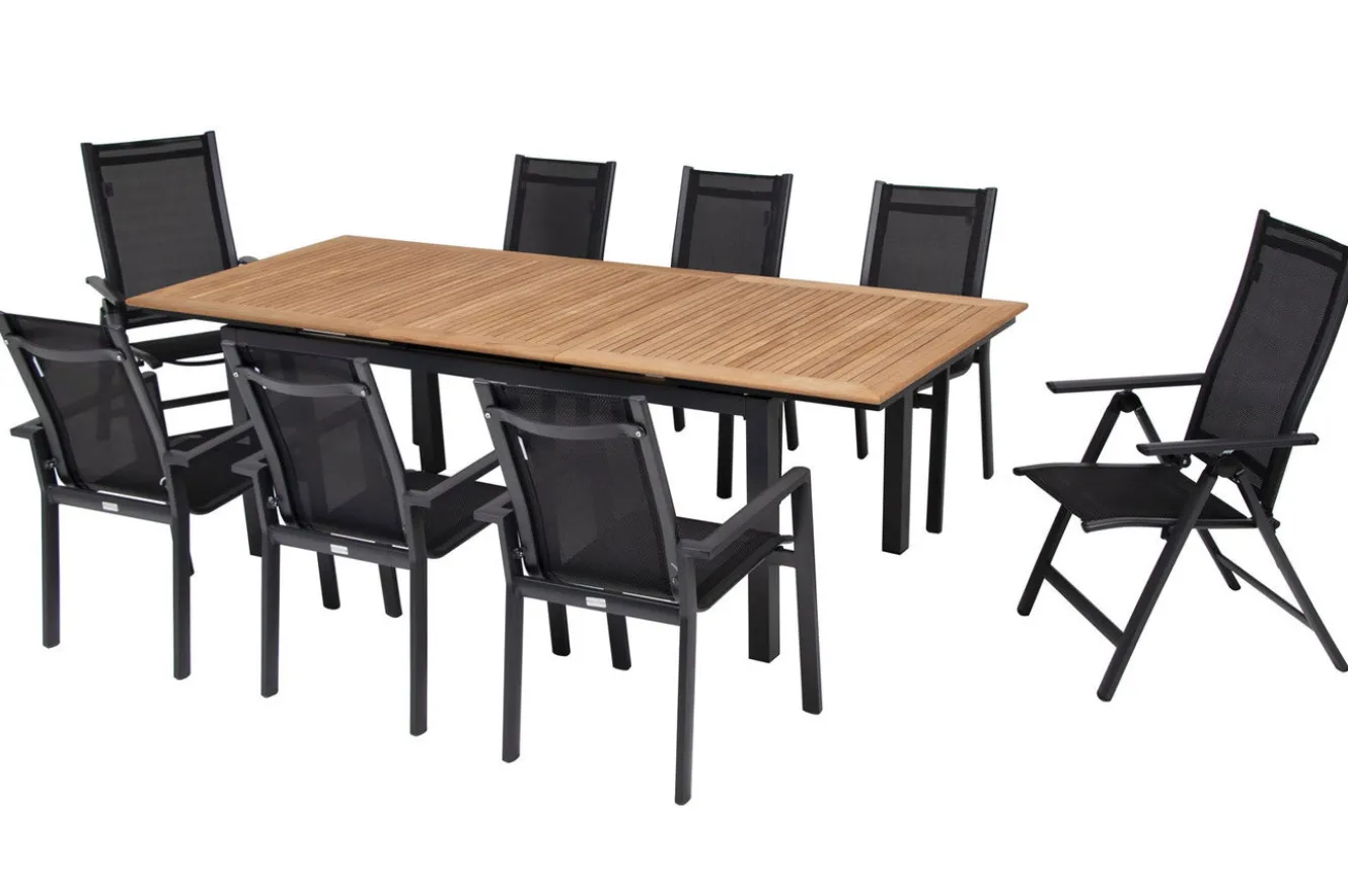 OUTFLEXX Garten-Essgruppe, OUTFLEXX® anthrazit matt, Alu / Teak / Textil, Ausziehtisch 180/240 x 100cm, 6 Stapelsessel, 2 Klappstühle