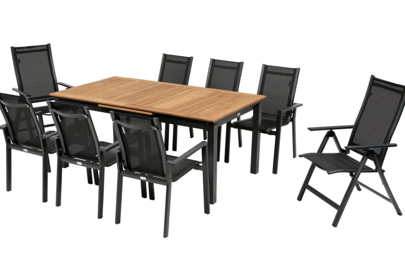 OUTFLEXX Garten-Essgruppe, OUTFLEXX® anthrazit matt, Alu / Teak / Textil, Ausziehtisch 180/240 x 100cm, 6 Stapelsessel, 2 Klappstühle