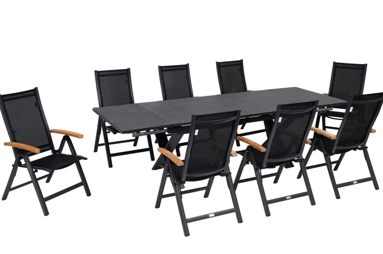 OUTFLEXX Garten-Essgruppe, OUTFLEXX® anthrazit matt, Alu / Spraystone / Teak, Tisch 180/280x100cm, 8 Klappstühle