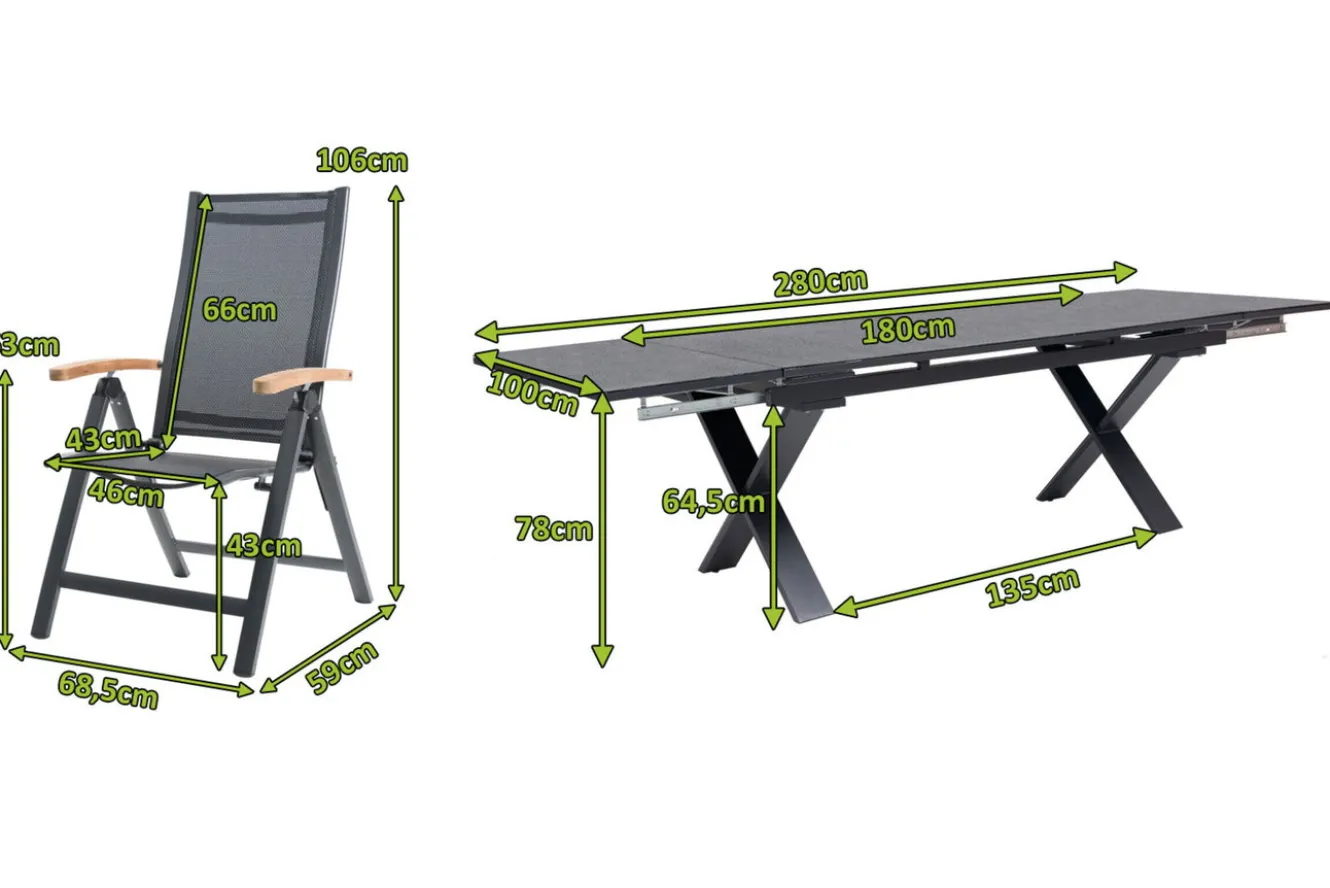 OUTFLEXX Garten-Essgruppe, OUTFLEXX® anthrazit matt, Alu / Spraystone / Teak, Tisch 180/280x100cm, 8 Klappstühle