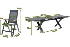 OUTFLEXX Garten-Essgruppe, OUTFLEXX® anthrazit matt, Alu / Spraystone / Teak, Tisch 180/280x100cm, 8 Klappstühle