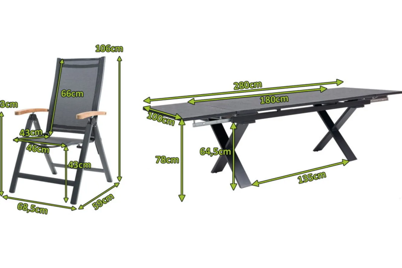 OUTFLEXX Garten-Essgruppe, OUTFLEXX® anthrazit matt, Alu / Spraystone / Teak, Tisch 180/280x100cm, 8 Klappstühle