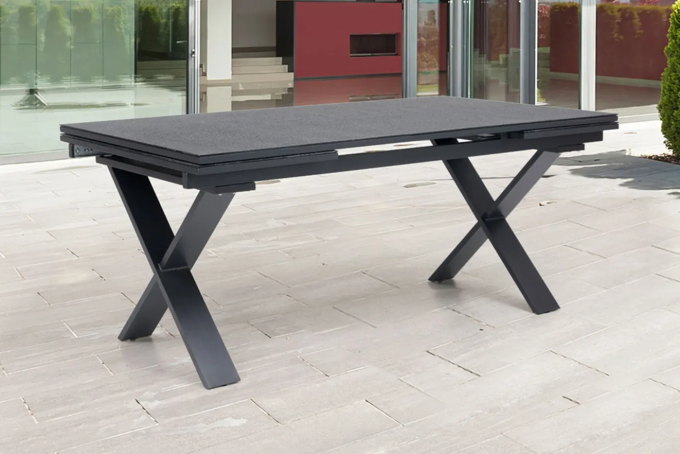 OUTFLEXX Garten-Essgruppe, OUTFLEXX® anthrazit matt, Alu / Spraystone / Teak, Tisch 180/280x100cm, 8 Klappstühle