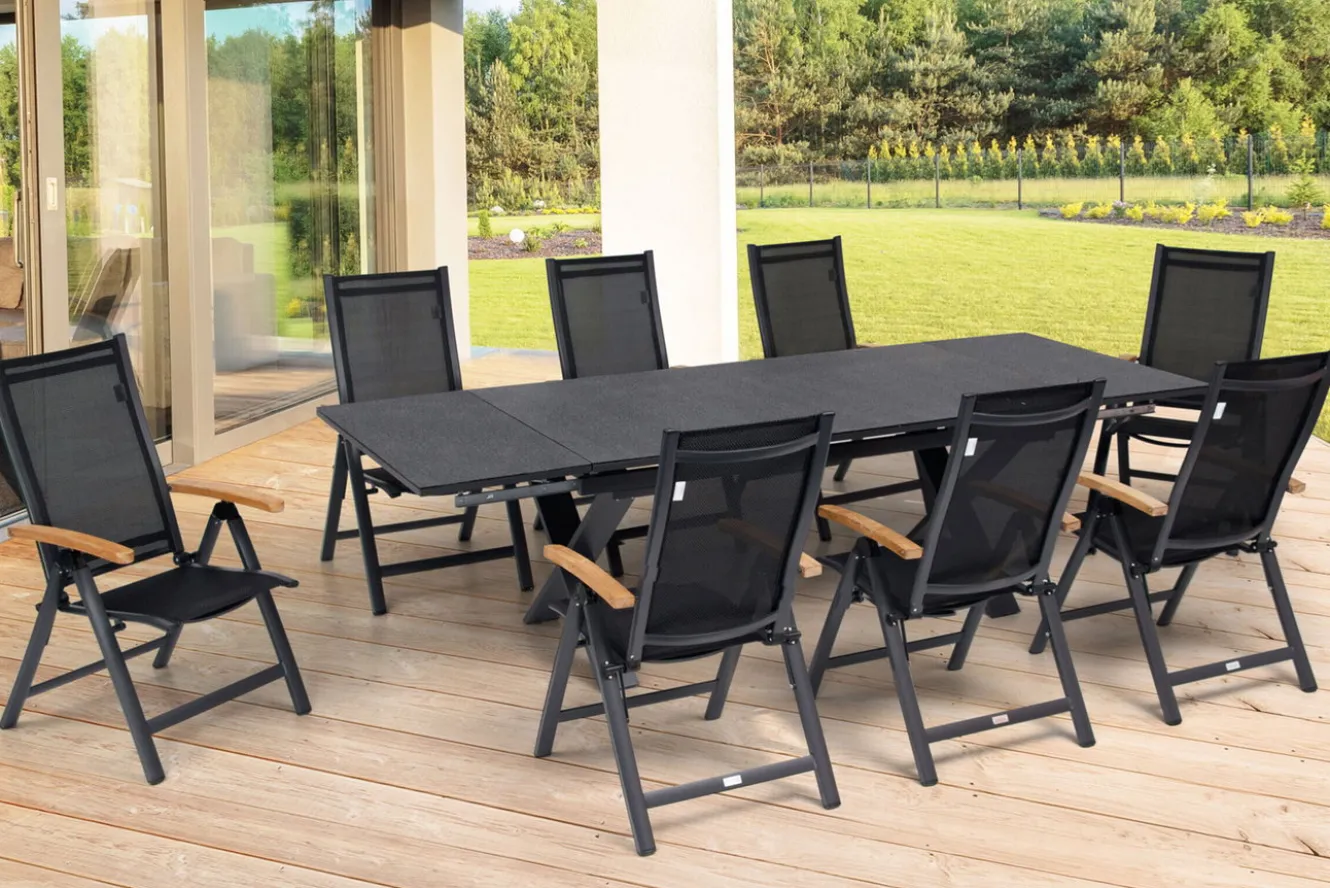 OUTFLEXX Garten-Essgruppe, OUTFLEXX® anthrazit matt, Alu / Spraystone / Teak, Tisch 180/280x100cm, 8 Klappstühle