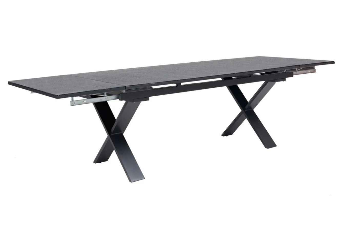 OUTFLEXX Garten-Essgruppe, OUTFLEXX® anthrazit matt, Alu / Spraystone / Teak, Tisch 180/280x100cm, 8 Klappstühle