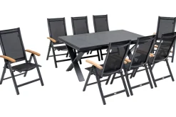 OUTFLEXX Garten-Essgruppe, OUTFLEXX® anthrazit matt, Alu / Spraystone / Teak, Tisch 180/280x100cm, 8 Klappstühle